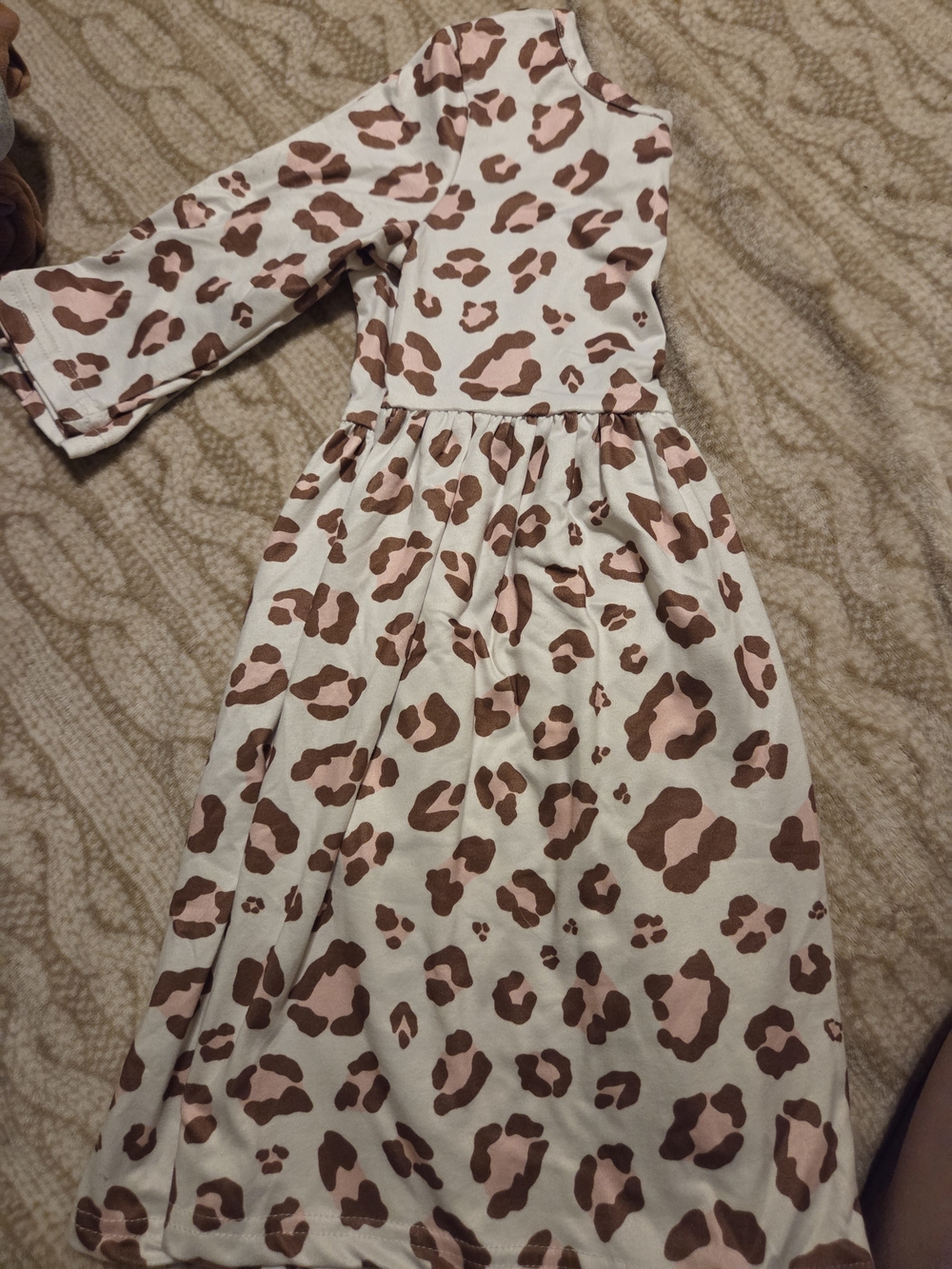 Girls' Cream Dress with Brown Leopard Print